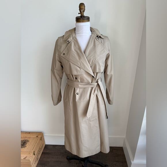 VINTAGE CLASSIC TAN BELTED TRENCH COAT WIDE LAPEL REMOVABLE LINING PETITE - Picture 1 of 15